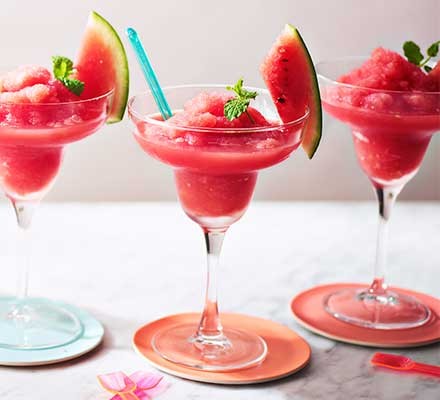 Watermelon prosecco sorbet slushies in cocktail glasses|440x399.52000000000004